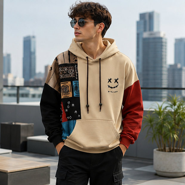 Mens Ethnic Print Hoodie-Oversized Patchwork Streetwear Sweatshirt with Long Sleeves for Casual Fashion and Comfort