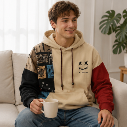 Mens Ethnic Print Hoodie-Oversized Patchwork Streetwear Sweatshirt with Long Sleeves for Casual Fashion and Comfort