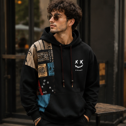 Mens Ethnic Print Hoodie-Oversized Patchwork Streetwear Sweatshirt with Long Sleeves for Casual Fashion and Comfort