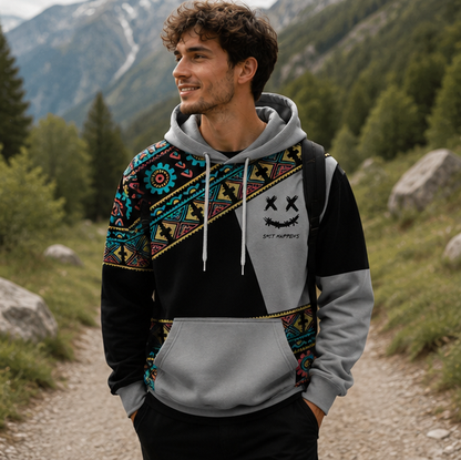 Mens Ethnic Print Hoodie-Oversized Patchwork Streetwear Sweatshirt with Long Sleeves for Casual Fashion and Comfort