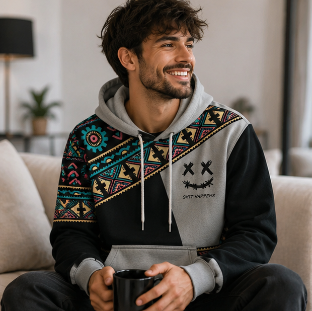 Mens Ethnic Print Hoodie-Oversized Patchwork Streetwear Sweatshirt with Long Sleeves for Casual Fashion and Comfort