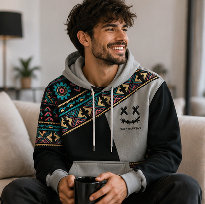 Mens Ethnic Print Hoodie-Oversized Patchwork Streetwear Sweatshirt with Long Sleeves for Casual Fashion and Comfort