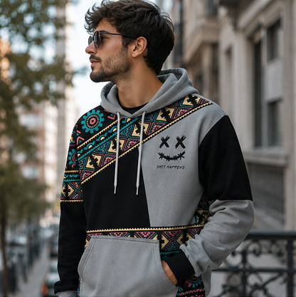 Mens Ethnic Print Hoodie-Oversized Patchwork Streetwear Sweatshirt with Long Sleeves for Casual Fashion and Comfort