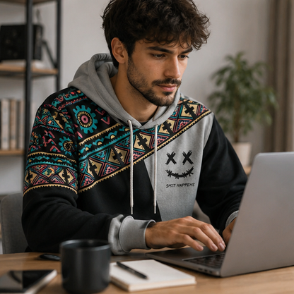 Mens Ethnic Print Hoodie-Oversized Patchwork Streetwear Sweatshirt with Long Sleeves for Casual Fashion and Comfort