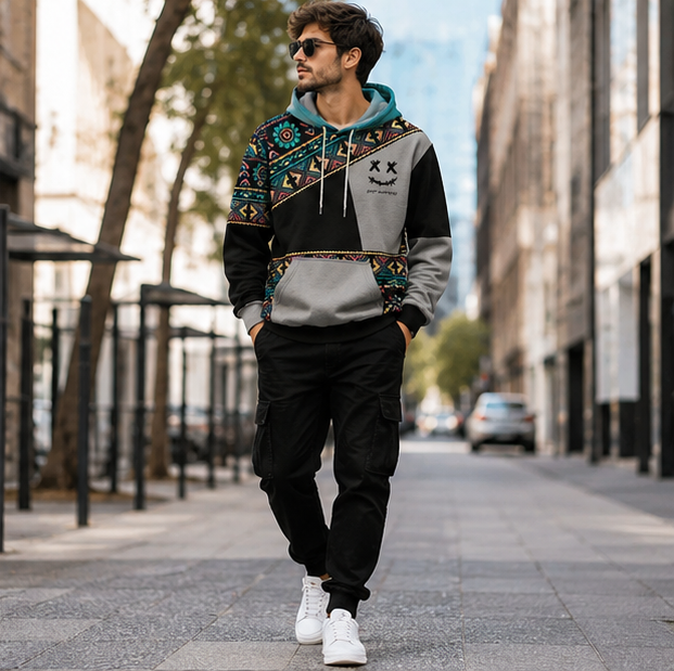 Mens Ethnic Print Hoodie-Oversized Patchwork Streetwear Sweatshirt with Long Sleeves for Casual Fashion and Comfort