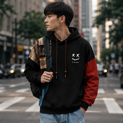 Mens Ethnic Print Hoodie-Oversized Patchwork Streetwear Sweatshirt with Long Sleeves for Casual Fashion and Comfort