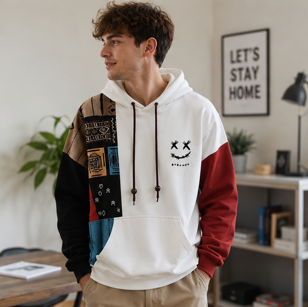 Mens Ethnic Print Hoodie-Oversized Patchwork Streetwear Sweatshirt with Long Sleeves for Casual Fashion and Comfort