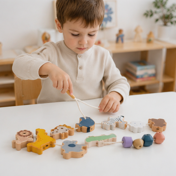 Montessori Animal Threading Toy-Wooden Fine Motor Skills Activity Set for Early Childhood Learning and Development