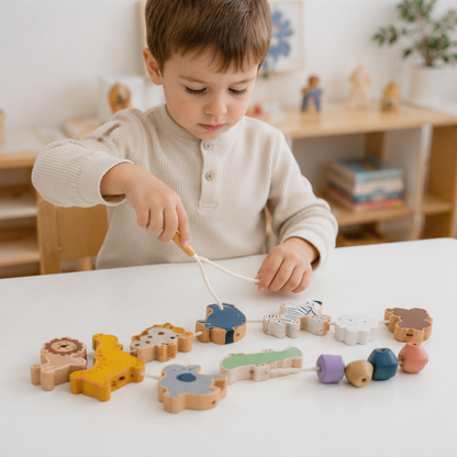 Montessori Animal Threading Toy-Wooden Fine Motor Skills Activity Set for Early Childhood Learning and Development