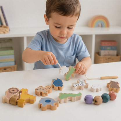 Montessori Animal Threading Toy-Wooden Fine Motor Skills Activity Set for Early Childhood Learning and Development