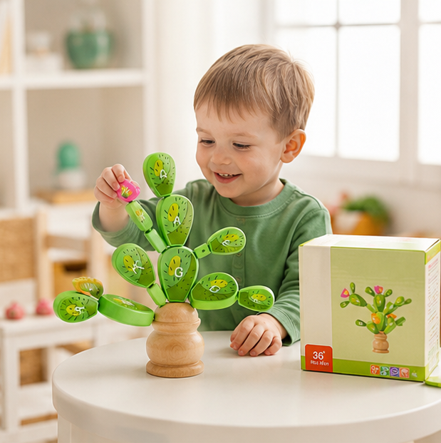 Montessori Cactus Letter Blocks - Wooden Educational Stacking Toy for Fine Motor Skills and Early Learning
