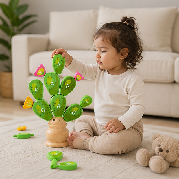 Montessori Cactus Letter Blocks - Wooden Educational Stacking Toy for Fine Motor Skills and Early Learning