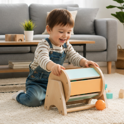 Montessori Coin Ball Busy Drum – Wooden Baby Sensory Toy for Color Matching, Shape Recognition and Early Learning Development