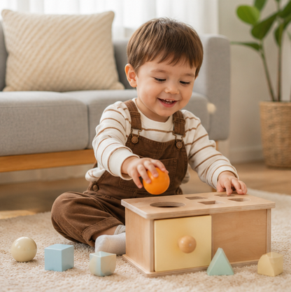 Montessori Coin Ball Busy Drum – Wooden Baby Sensory Toy for Color Matching, Shape Recognition and Early Learning Development