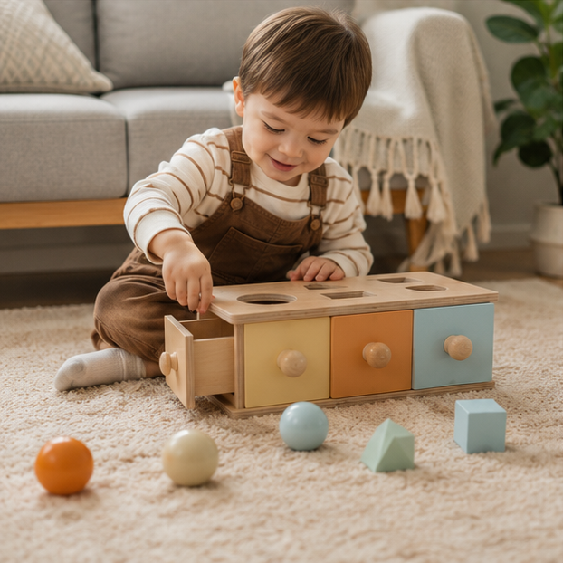 Montessori Coin Ball Busy Drum – Wooden Baby Sensory Toy for Color Matching, Shape Recognition and Early Learning Development