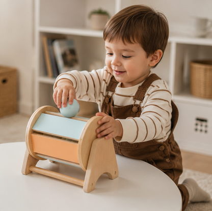 Montessori Coin Ball Busy Drum – Wooden Baby Sensory Toy for Color Matching, Shape Recognition and Early Learning Development