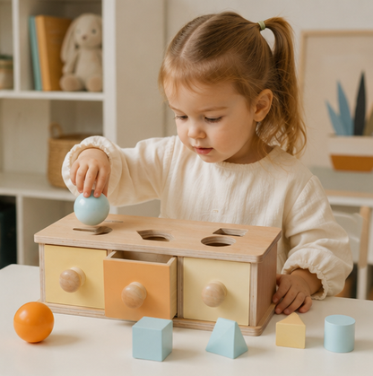 Montessori Coin Ball Busy Drum – Wooden Baby Sensory Toy for Color Matching, Shape Recognition and Early Learning Development