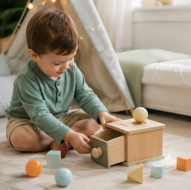 Montessori Coin Ball Busy Drum – Wooden Baby Sensory Toy for Color Matching, Shape Recognition and Early Learning Development