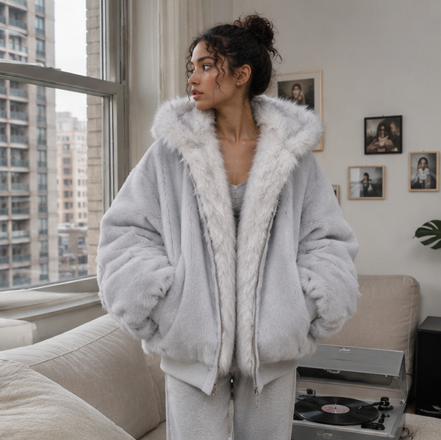 Oversized Fur Hooded Winter Coat-Womens Streetwear Padded Jacket for Warmth Gothic Fashion and Daily Wear