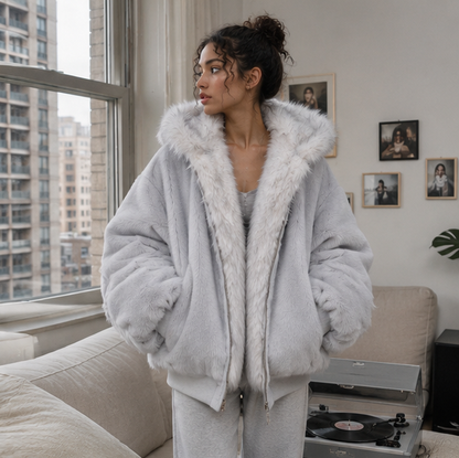 Oversized Fur Hooded Winter Coat-Womens Streetwear Padded Jacket for Warmth Gothic Fashion and Daily Wear
