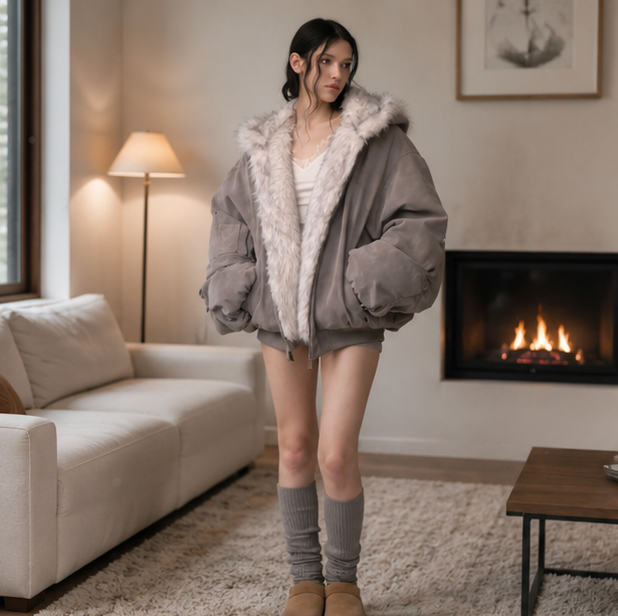 Oversized Fur Hooded Winter Coat-Womens Streetwear Padded Jacket for Warmth Gothic Fashion and Daily Wear
