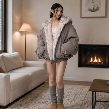 Oversized Fur Hooded Winter Coat-Womens Streetwear Padded Jacket for Warmth Gothic Fashion and Daily Wear
