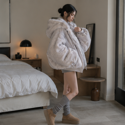 Oversized Fur Hooded Winter Coat-Womens Streetwear Padded Jacket for Warmth Gothic Fashion and Daily Wear