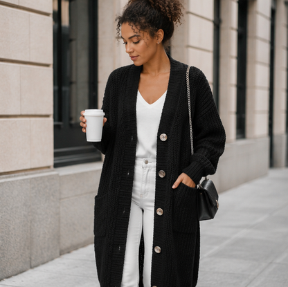 Oversized Knit Cardigan – Women’s Long V Neck Sweater Coat for Cozy Casual Autumn Winter Layering