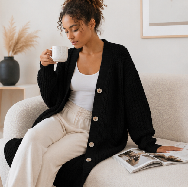 Oversized Knit Cardigan – Women’s Long V Neck Sweater Coat for Cozy Casual Autumn Winter Layering