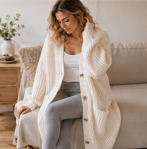 Oversized Knit Cardigan – Women’s Long V Neck Sweater Coat for Cozy Casual Autumn Winter Layering