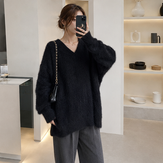 Oversized Knit Pullover Sweater – Women’s Loose Round Neck Long Sleeve Top for Cozy Autumn Winter Layering