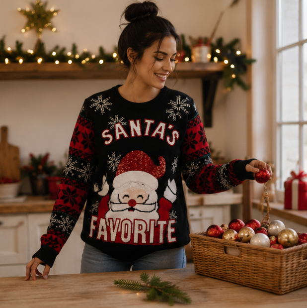 Christmas Santa Knit Sweater – Women’s Soft Long Sleeve Holiday Pullover with Festive Cartoon Design for Cozy Winter Wear