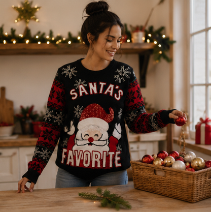 Christmas Santa Knit Sweater – Women’s Soft Long Sleeve Holiday Pullover with Festive Cartoon Design for Cozy Winter Wear