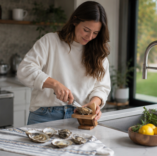 Oyster Shucker Handguard Tool - Wooden Seafood Shucking Holder for Safe Oyster Opening, Kitchen Preparation and Shellfish Handling