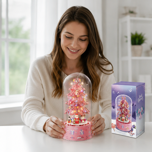 Pink Christmas Tree Shop Building Blocks – Desktop Display Model with Dust Cover for Holiday Collectors and Creative Gifts