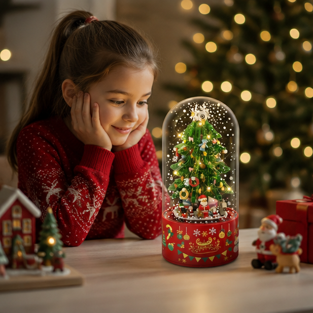 Pink Christmas Tree Shop Building Blocks – Desktop Display Model with Dust Cover for Holiday Collectors and Creative Gifts
