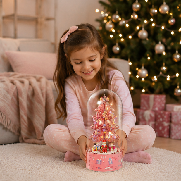 Pink Christmas Tree Shop Building Blocks – Desktop Display Model with Dust Cover for Holiday Collectors and Creative Gifts