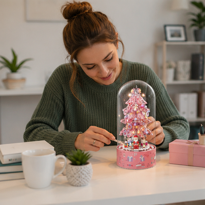 Pink Christmas Tree Shop Building Blocks – Desktop Display Model with Dust Cover for Holiday Collectors and Creative Gifts