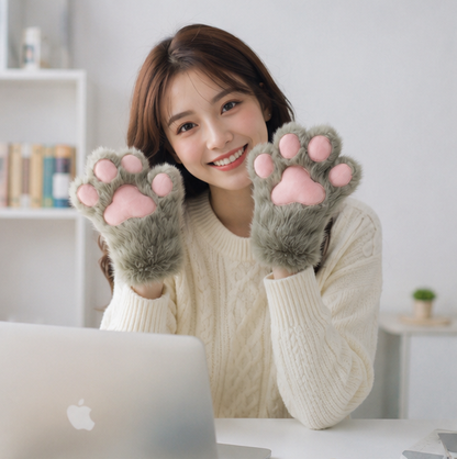 Plush Cat Paw Fingerless Gloves - Soft Warm Mittens for Winter Cosplay, Fashion and Everyday Comfort