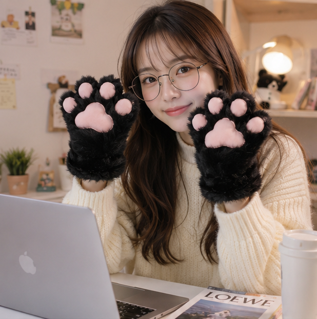 Plush Cat Paw Fingerless Gloves - Soft Warm Mittens for Winter Cosplay, Fashion and Everyday Comfort