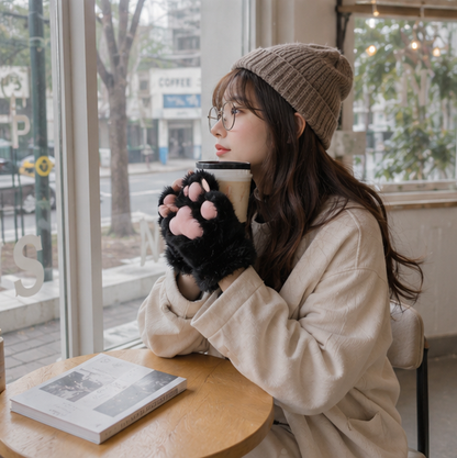 Plush Cat Paw Fingerless Gloves - Soft Warm Mittens for Winter Cosplay, Fashion and Everyday Comfort