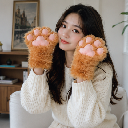 Plush Cat Paw Fingerless Gloves - Soft Warm Mittens for Winter Cosplay, Fashion and Everyday Comfort