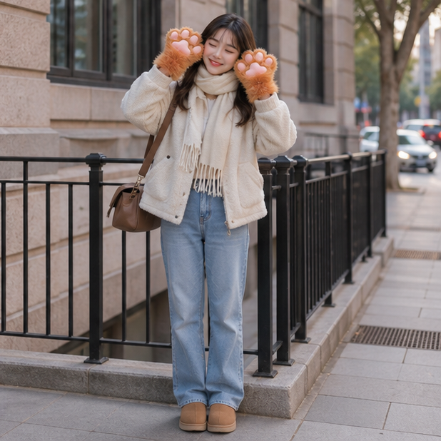 Plush Cat Paw Fingerless Gloves - Soft Warm Mittens for Winter Cosplay, Fashion and Everyday Comfort