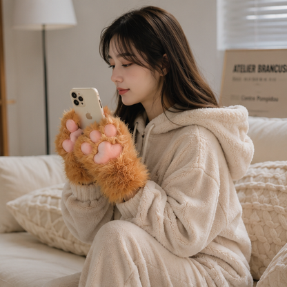 Plush Cat Paw Fingerless Gloves - Soft Warm Mittens for Winter Cosplay, Fashion and Everyday Comfort