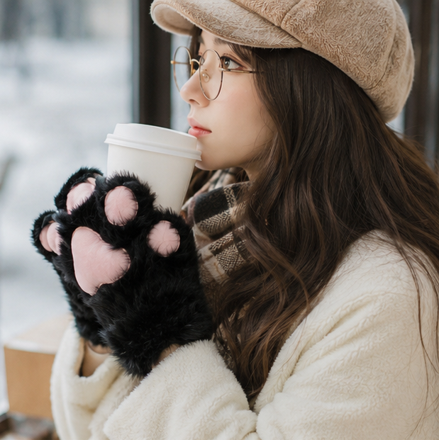 Plush Cat Paw Fingerless Gloves - Soft Warm Mittens for Winter Cosplay, Fashion and Everyday Comfort