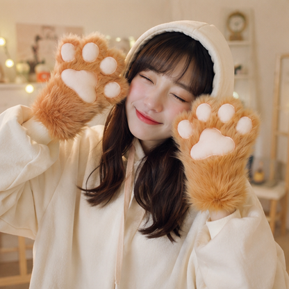 Plush Cat Paw Fingerless Gloves - Soft Warm Mittens for Winter Cosplay, Fashion and Everyday Comfort