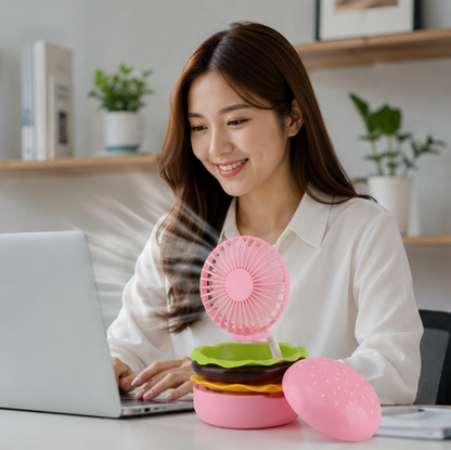 Portagble Burger USB Desktop Fan - Cartoon Cooling Fan with Beauty Mirror, Rechargeable Handheld Design and Summer Gift Appeal