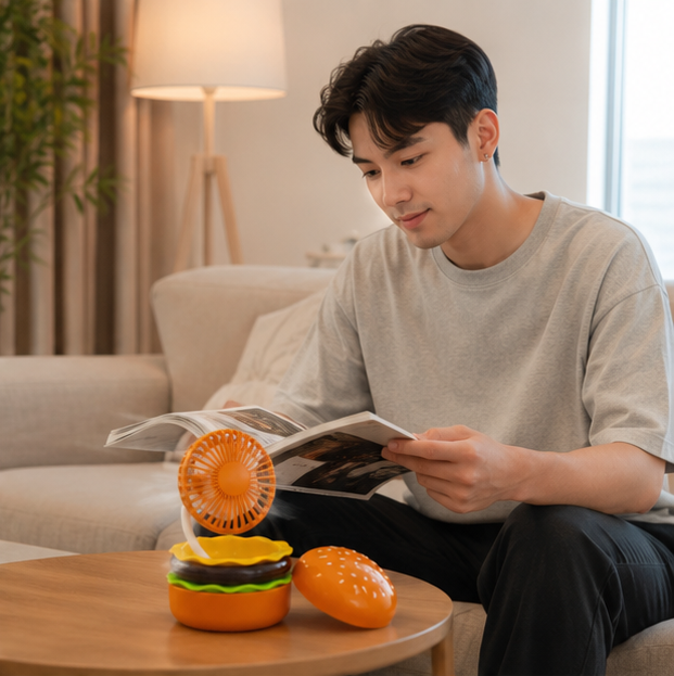 Portagble Burger USB Desktop Fan - Cartoon Cooling Fan with Beauty Mirror, Rechargeable Handheld Design and Summer Gift Appeal