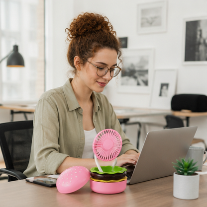 Portagble Burger USB Desktop Fan - Cartoon Cooling Fan with Beauty Mirror, Rechargeable Handheld Design and Summer Gift Appeal
