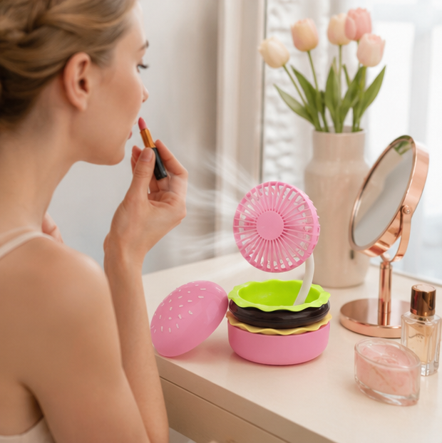 Portagble Burger USB Desktop Fan - Cartoon Cooling Fan with Beauty Mirror, Rechargeable Handheld Design and Summer Gift Appeal